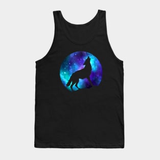 Dramabite Wolf Galaxy Surreal Wild Lone Wolves Double Exposure Stars Moon Tank Top